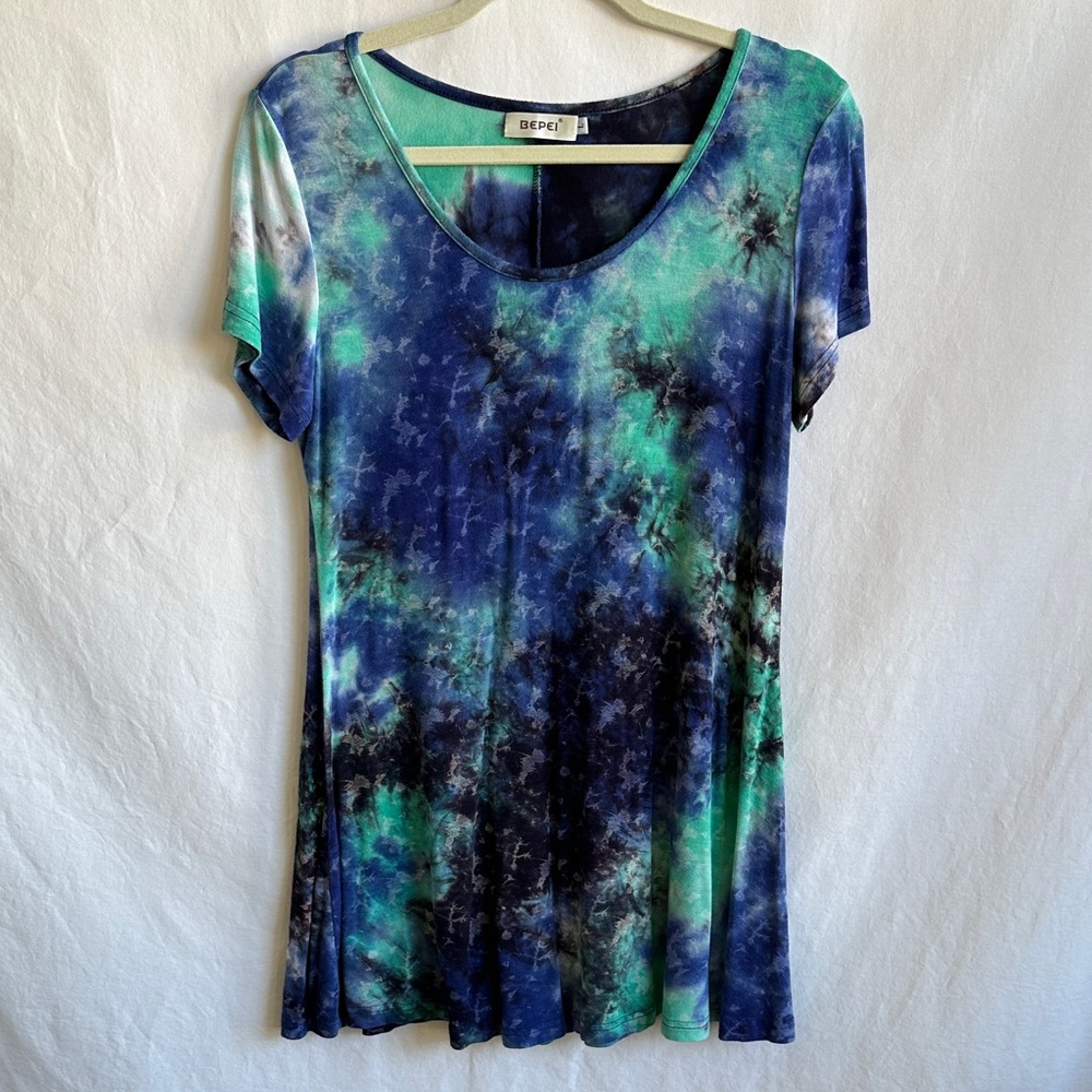 Bepei blue, aqua, and black tie-dye dress/top, size L